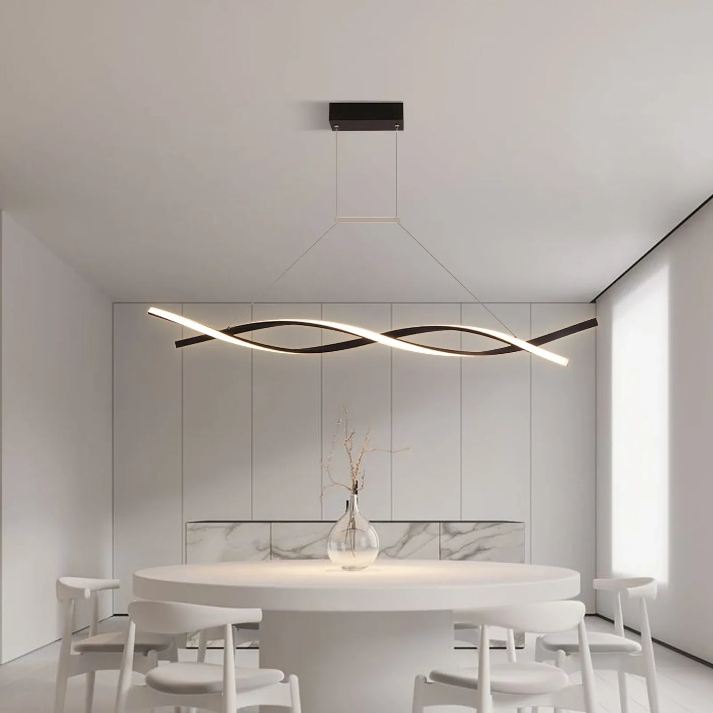 Modern Black Pendant Light for Dining Room, Remote Control Dimmable LED, Adjustable