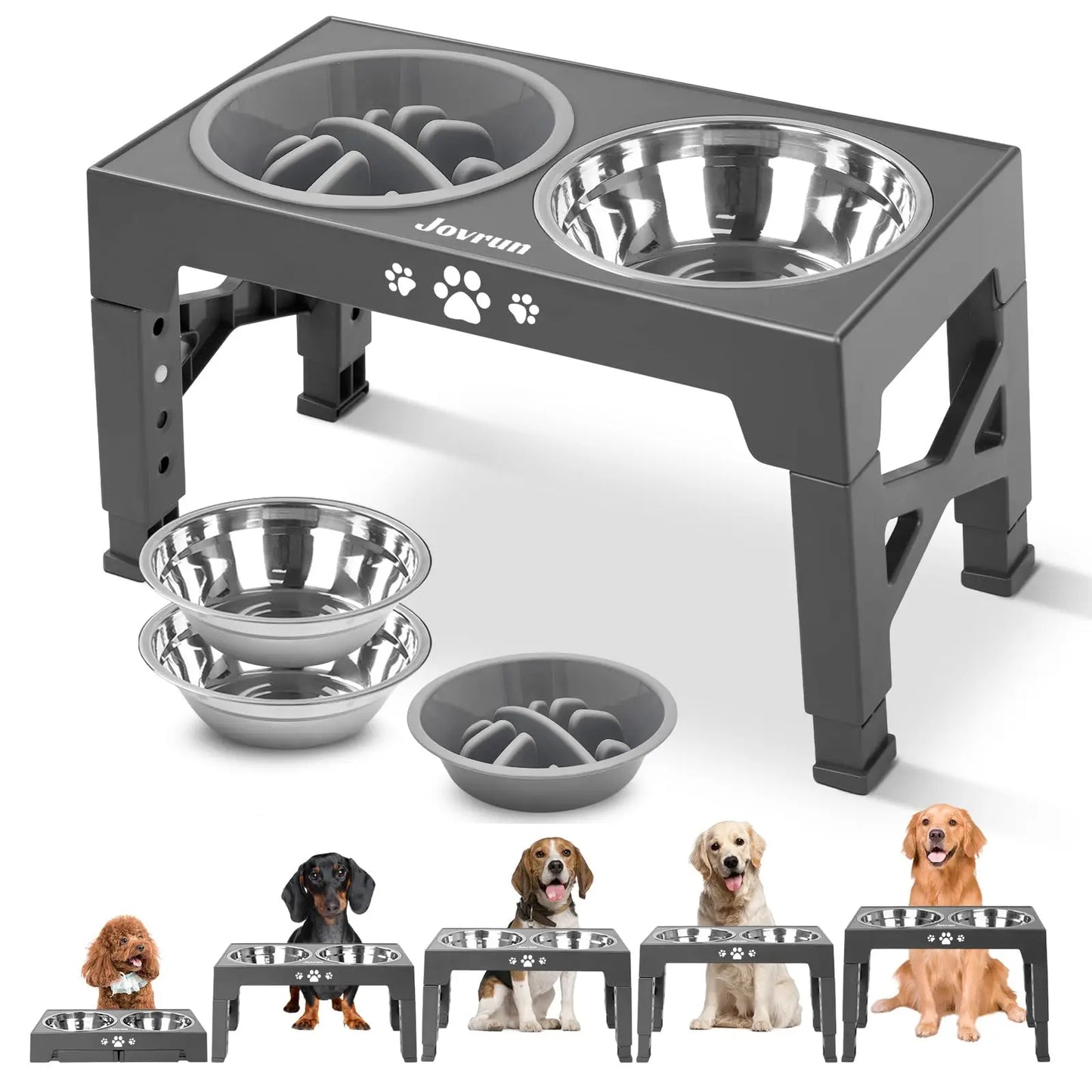 Adjustable Elevated Dog Bowls Stand with 3 Stainless Steel Bowls Slow Feeder Non Slip