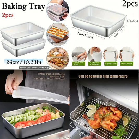 Stainless Steel Baking Tray with Lid 2pcs - Non-Stick, Bpa-Free, Multipurpose Kitchenware