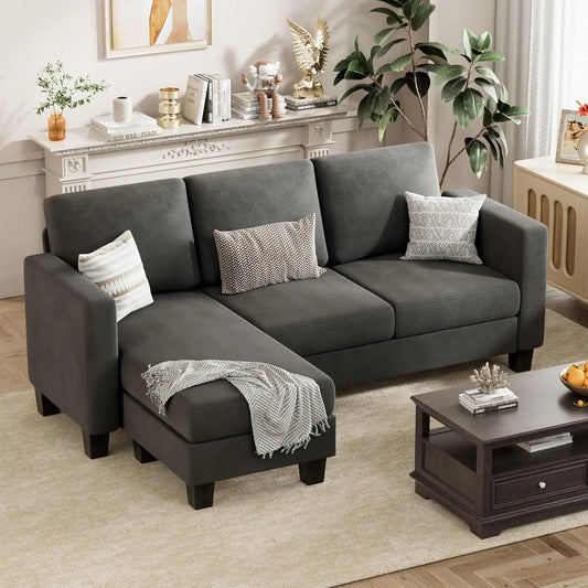 Sofa Couch 3 Seat L-Shaped Sofa with Linen Fabric Ottoman for Small Apartments Living Room Office
