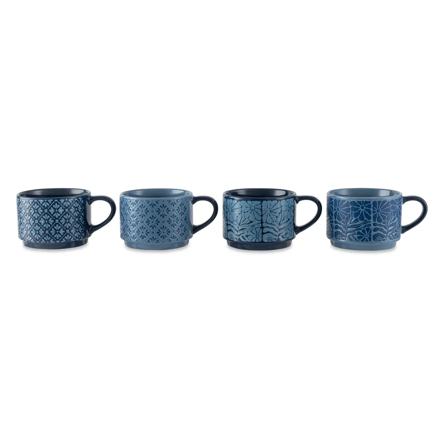 4 Pack Stacking Mugs, Blue Flowers and Blue Shapes 11.1 fl oz, Stoneware