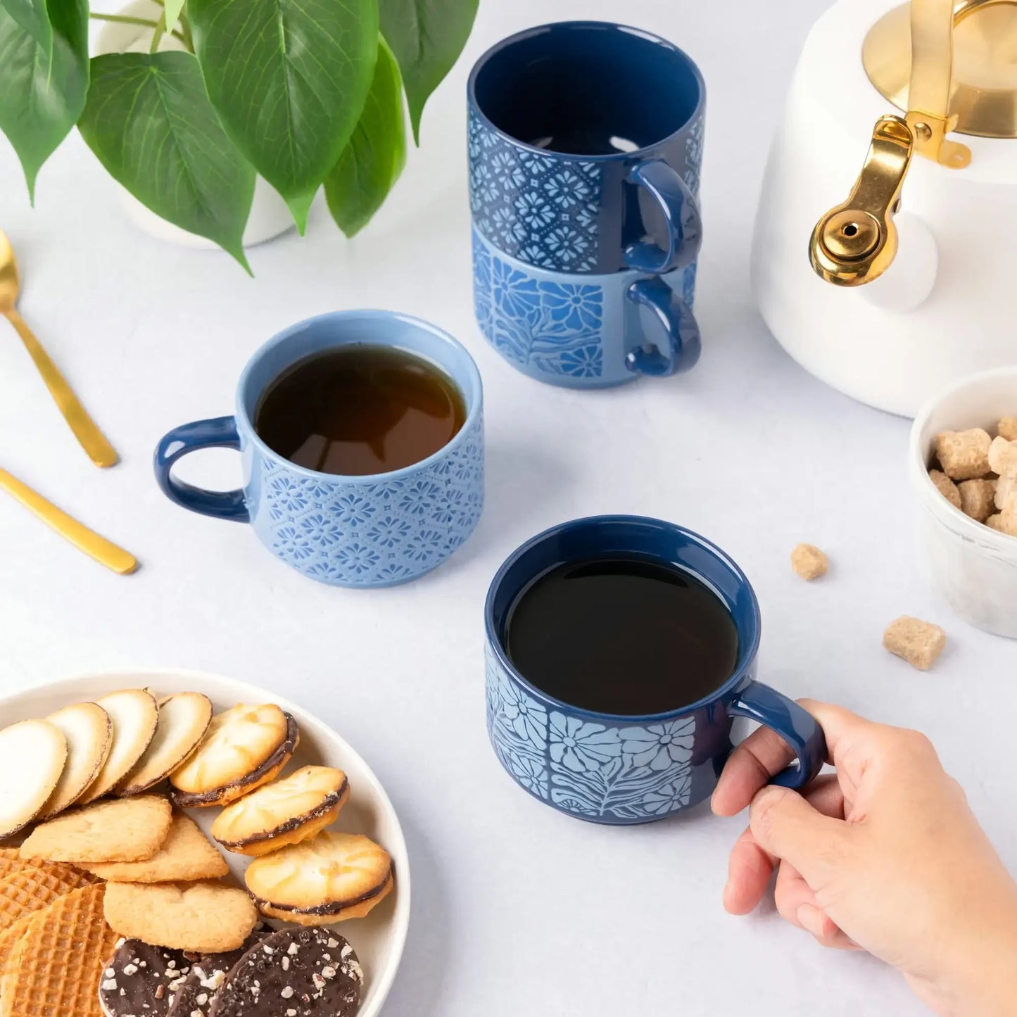 4 Pack Stacking Mugs, Blue Flowers and Blue Shapes 11.1 fl oz, Stoneware