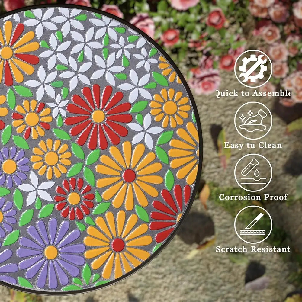 Mosaic Outdoor Side Table, Patio, Weather Resistant 14"" Diameter 21"" H Ceramic Tile, Round