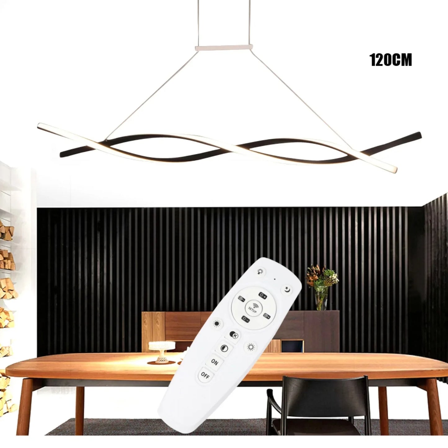 Modern Black Pendant Light for Dining Room, Remote Control Dimmable LED, Adjustable