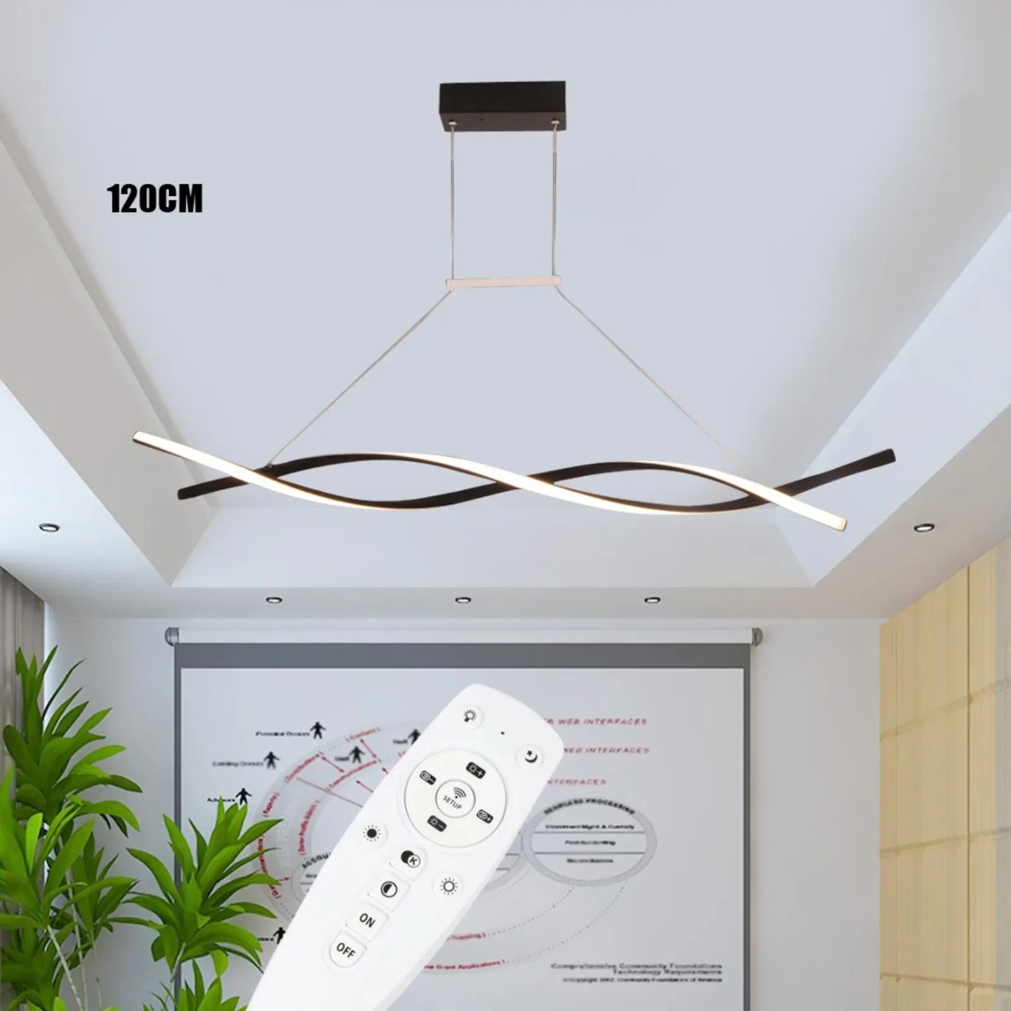 Modern Black Pendant Light for Dining Room, Remote Control Dimmable LED, Adjustable