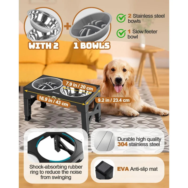 Adjustable Elevated Dog Bowls Stand with 3 Stainless Steel Bowls Slow Feeder Non Slip
