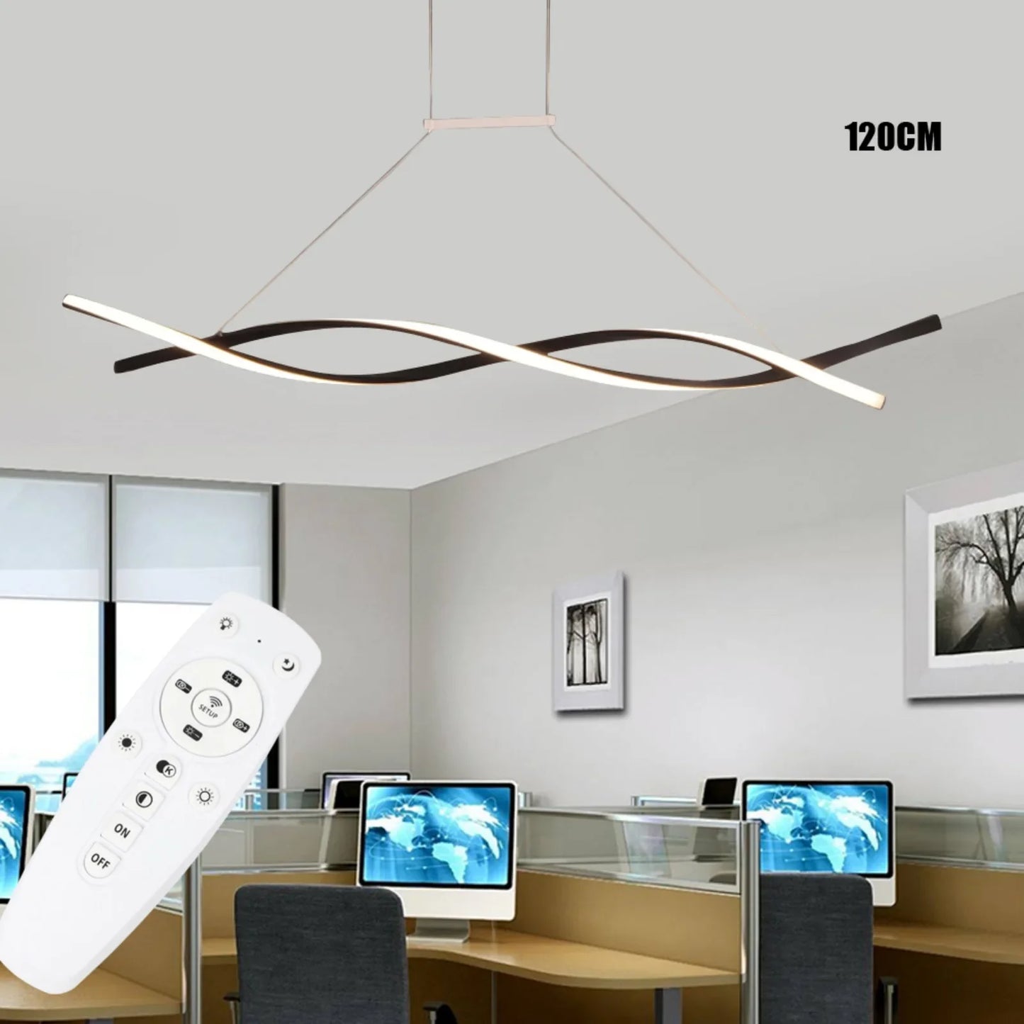Modern Black Pendant Light for Dining Room, Remote Control Dimmable LED, Adjustable