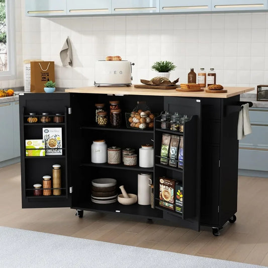 Rolling Kitchen Island with storage, Drop-Leaf Bar Countertop, Island Table with Side