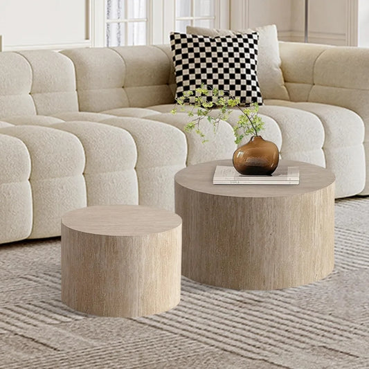 Round Nesting Coffee Table Set of 2, Modern Coffee and End Table Set Small Circle Wooden Drum Side Table Accent End Tables for L