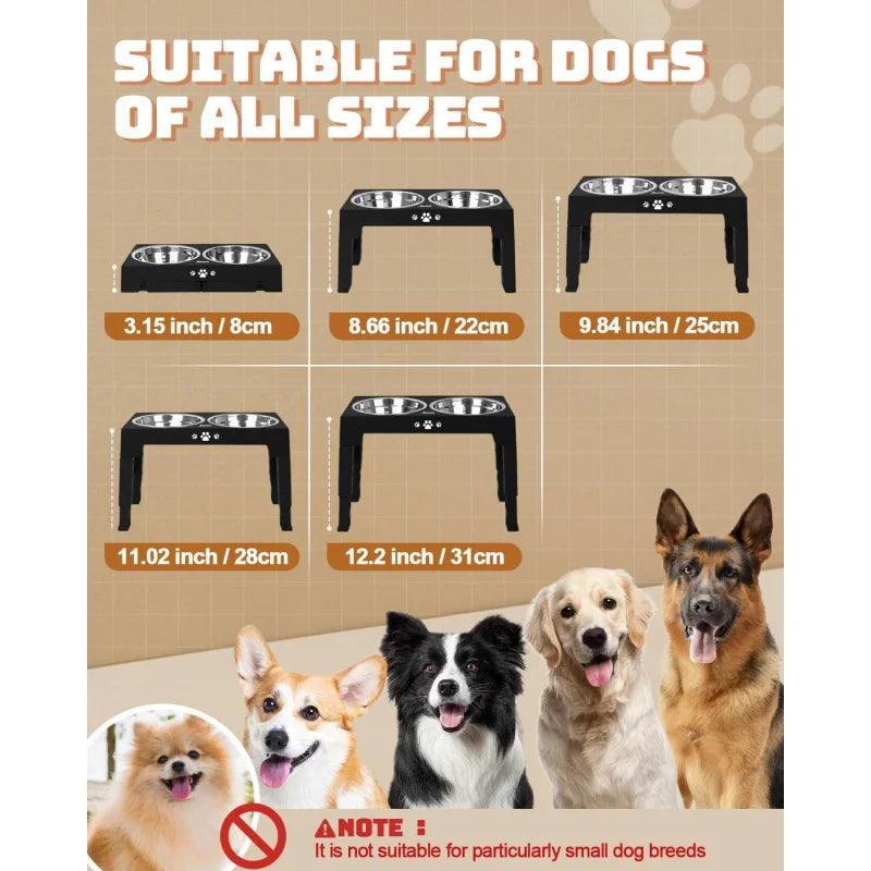 Adjustable Elevated Dog Bowls Stand with 3 Stainless Steel Bowls Slow Feeder Non Slip